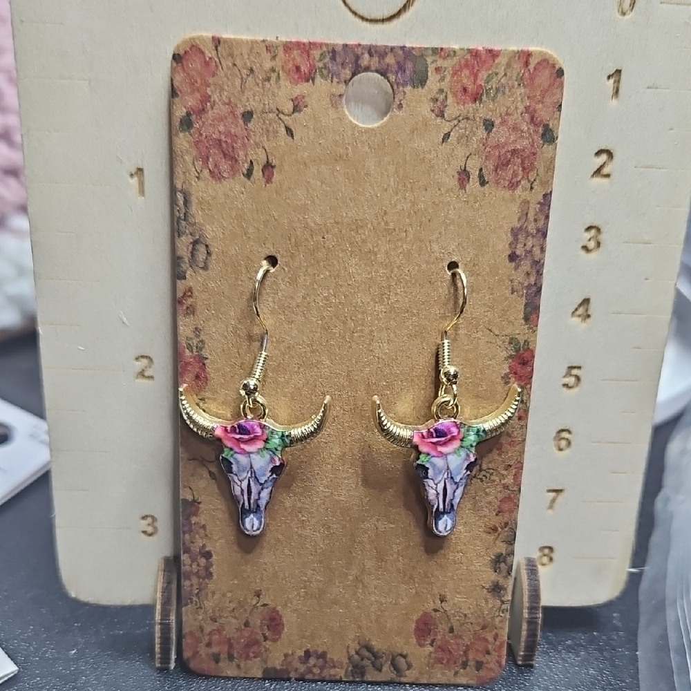 Gold Bull Skull Earrings with Floral Accents